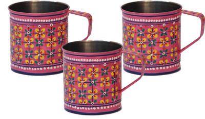 

eCraftIndia Handpainted Decorative Stainless Steel Mug(180 ml, Pack of 3), Pink;yellow