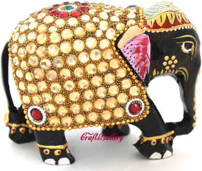 

Craft International Wooden Elephant Statue With Zircon Work 2 - 3 Inch Decorative Showpiece - 8 cm(Wooden, Brown)