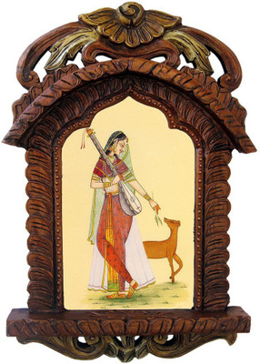 

Creative Handicraft Lady Playing Sitar Wid Deer Ethnic Jharokha Decorative Showpiece - 12 cm(Wooden, Brown)
