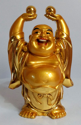 Varanasi Enterprises Golden Laughing Buddha with ingot Decorative Showpiece  -  10 cm(Polyresin, Gold)