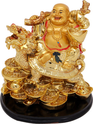 JPS Retail Feng Shui Vastu Laughing Buddha Sitting on Dragon Tortoise for Success in Business and Career Decorative Showpiece - 13 cm(Gold Plated, Gold)