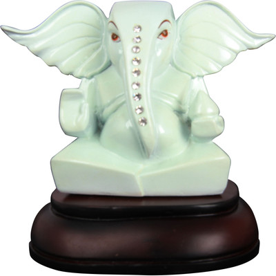

The Nodding Head Adaa Sitting Ganesha With Semiprecious Stones On Trunk (White) Decorative Showpiece - 11 cm(Polyresin, Multicolor)