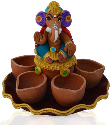 

eCraftIndia Blessing Lord Ganesha with 4 Diyas Decorative Showpiece - 12.7 cm(Terracotta, Multicolor)