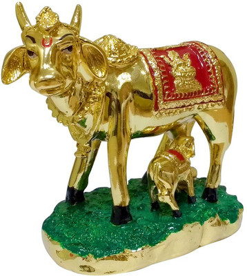 

Starstell Religious Hindu Kamdhenu Cow with Calf in Golden Color for Wish Fulfilment Decorative Showpiece - 15 cm(Polyresin, Gold)