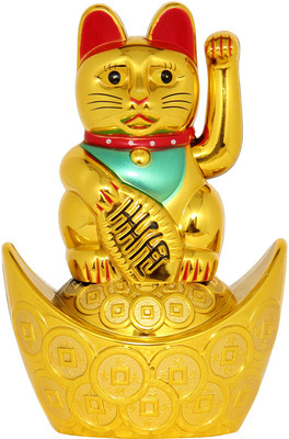 

Vastu Art Vastu / Feng Shui / Welcome Cat Sitting On Money Ingot For Wealth And Prosperity Decorative Showpiece - 14.5 cm(Plastic, Gold)