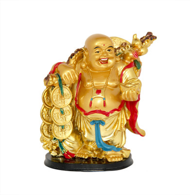 

Vashoppee Vastu / Feng Shui / Laughing Buddha with Coin Chain For Wealth And Happyness Decorative Showpiece - 14 cm(Polyresin, Gold)
