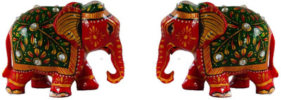 

eCraftIndia Set of 2 Orange Painted Elephant Statue Decorative Showpiece -(Wooden, Multicolor)