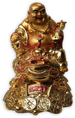 

Ehatti Laughing Buddha on coins and frog Decorative Showpiece - 13 cm(Polyresin, Gold)