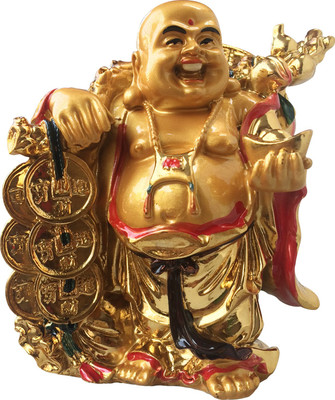 

Ehatti Laughing Buddha Standing with Coins and Ingot Decorative Showpiece - 12 cm(Polyresin, Gold)
