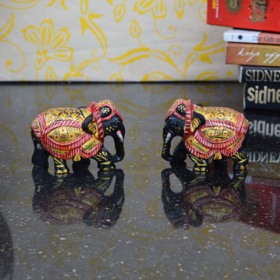 

eCraftIndia Set of 2 Painted Elephant Statue with Shawl Decorative Showpiece - 3.81 cm(Wooden, Multicolor)