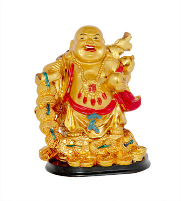 

Vastu Art Vastu / Feng Shui / Laughing Buddha with Coin Chain For Wealth And Happyness Decorative Showpiece - 13 cm(Polyresin, Gold)