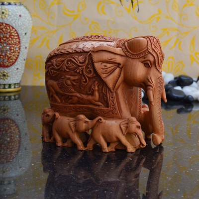 

eCraftIndia Jumbo Elephant Family(Seven) Decorative Showpiece - 15.24 cm(Wooden, Brown)