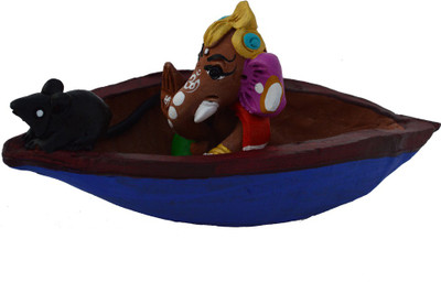 

eCraftIndia Blessing Lord Ganesha in Boat Decorative Showpiece - 7.62 cm(Terracotta, Brown, Blue)