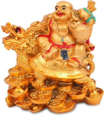 

Shakti 100% original Laughing Buddha Sitting on Dragon Tortoise Decorative Showpiece - 7 cm(Polyresin, Gold)