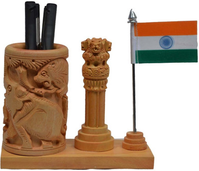 

eCraftIndia Ashoka Pillar and National Flag 1 Compartments Wooden Pen Stand(Brown, Orange, White, Green)