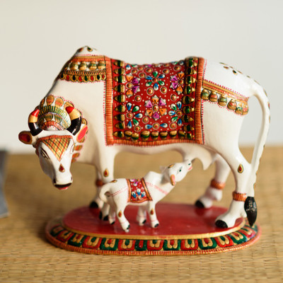 

eCraftIndia Meenakari Metal Colorful Cow And Calf Figurine Decorative Showpiece - 21 cm(Aluminium, White, Red, Green)
