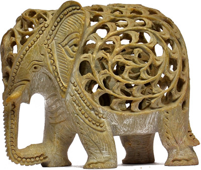 

Artist Haat Natural Soapstone Elephant Sculpture Hand Carved Jali Decorative Showpiece - 10 cm(Stoneware, Beige)