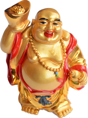 

Anjalika Laughing Buddha With Ingot Decorative Showpiece - 11 cm(Polyresin, Gold)