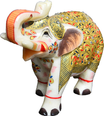 

Artist Haat Marble Elephant Sculpture With Carving and Painting Decorative Showpiece - 14 cm(Stoneware, Gold)