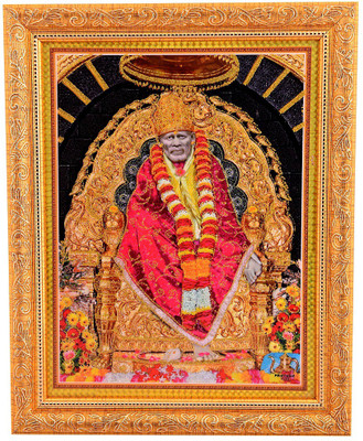 BM Traders Golden Zari Work Photo of Sai Baba With Gloden Frame Decorative Showpiece  -  35.56 cm(Wood, Gold)