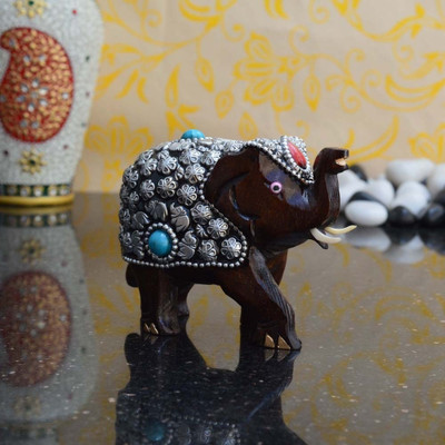

eCraftIndia Elephant coated with Silver and Blue Stone Decorative Showpiece - 7.62 cm(Wooden, Brown)