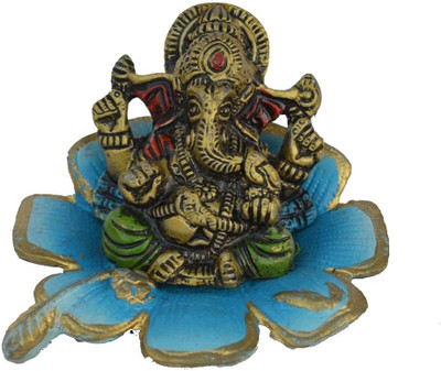 

eCraftIndia Lord Ganesha Statue on Sky Blue Leaf Decorative Showpiece - 7.62 cm(Aluminium, Gold, Blue)