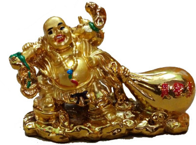 

De Vedic Feng Shui Chinese Happy Man Laughing Buddha dragging Potali Figurine Golden Statue Gift Decorative Showpiece - 7 cm(Polyresin, Gold)