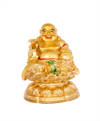 

Vashoppee Vastu / Feng Shui / Laughing Buddha Sit On Lotus For Wealth And Happyness Decorative Showpiece - 12 cm(Polyresin, Gold)