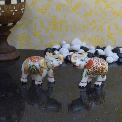 

eCraftIndia Combo of Saluting Marble Elephants Decorative Showpiece - 7.62 cm(Stoneware, Multicolor)