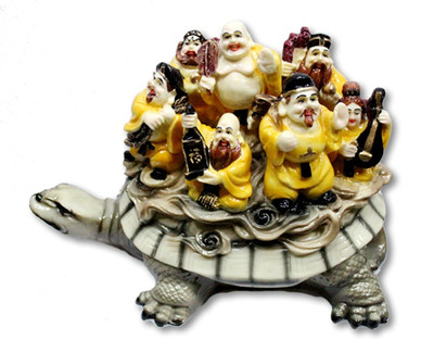 7 Ocean Buddha Family On Turtle Decorative Showpiece - 20 cm(Stoneware, Grey, Yellow)