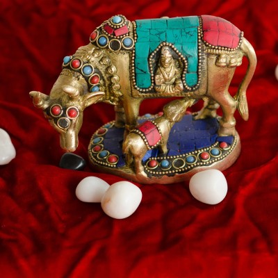 eCraftIndia Stone Studded Cow and Calf Decorative Showpiece  -  8 cm(Brass, Gold, Red, Green)