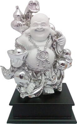 Art N Hub Laughing Buddha / Lord Gautam Buddha Idol Statue - Silver Plated with Wooden Base Home Decorative Handicraft Figurine & Fengshui Gift item Decorative Showpiece - 28 cm(Silver Plated, Silver, White)