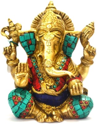 Collectible India Sitting Ganesh Statue - Turquoise Gamestone Hand Work - Hindu God Figurine Decorative Showpiece  -  17.78 cm(Brass, Gold)