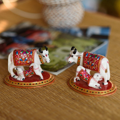 

eCraftIndia Set of 2 Meenakari Cow And Calf Figurine Decorative Showpiece - 8 cm(Aluminium, White, Red, Black)
