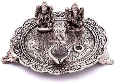 

UFC Mart White Metal Lord Laxmi Ganesh With Dia Thali Silver Table Diya(Height: 1 inch)