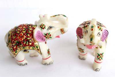 

Craft International Marble Elephants Pair Gold Emboss Painted Decorative Showpiece - 8 cm(Stoneware, Multicolor)