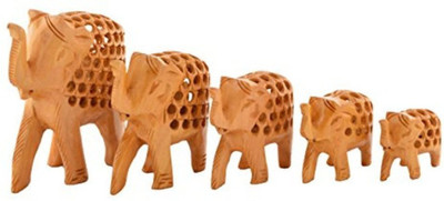 

HOUZZPLUS Wooden Jali Elephant Figurines - Set of 5, Brown Decorative Showpiece - 10 cm(Wooden, Brown)