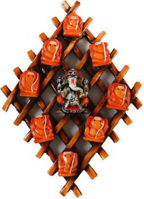 eCraftIndia Wooden Wall hanging with 9 variants of Lord Ganesha Decorative Showpiece - 3.81 cm(Plastic, Orange, Brown)