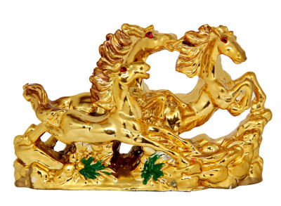 

Vashoppee Vastu / Feng Shui / Golden Three Running Horses For Victory Decorative Showpiece - 10 cm(Polyresin, Gold)