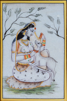 

eCraftIndia Ragini Marble Painting playing with Calf Decorative Showpiece -(Stoneware, Multicolor)