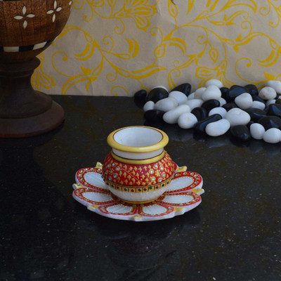 

eCraftIndia Holy Water Marble Kalash(Height: 4 inch, White, Gold)