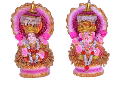 

Indigo Creativs Handcrafted Beautiful 5" Terracotta Lakshmi Ganesh on Lotus Asan Traditional Navratra Diwali Puja Statue Set Decorative Showpiece - 12 cm(Earthenware, Multicolor)