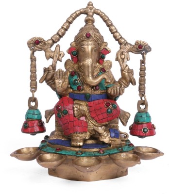 Collectible India Oil Lamp Large Ganesha Statue , Inlay Gemstone Work Decorative Showpiece  -  25 cm(Brass, Multicolor)