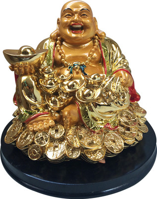 

Ehatti Laughing Buddha sitting with Potli and coins Decorative Showpiece - 9 cm(Polyresin, Gold)