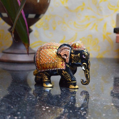 

eCraftIndia Golden Painted Elephant Statue Decorative Showpiece - 7.62 cm(Wooden, Gold, Black)