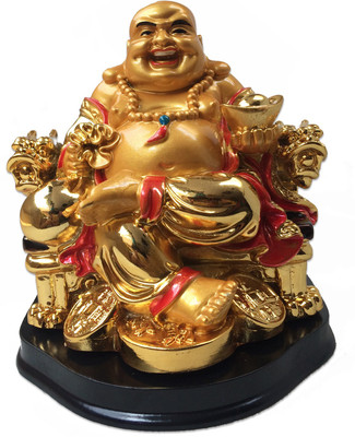 

Ehatti Laughing Buddha Sitting on Chair with Potli, Coins and Money Ingot Decorative Showpiece - 15 cm(Polyresin, Gold)
