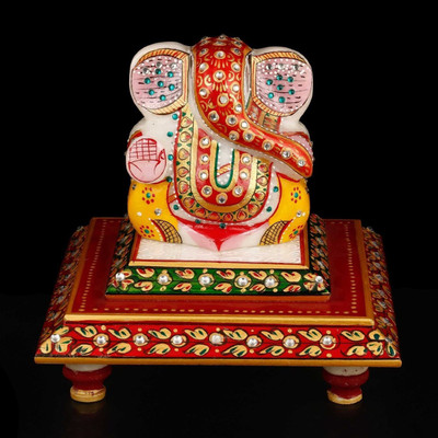

Collectible India Lord Ganesha Idol Sitting On Chowki Statue Marble Handpainted Ganpati Home Decor Gift Decorative Showpiece - 10 cm(Stoneware, Multicolor)