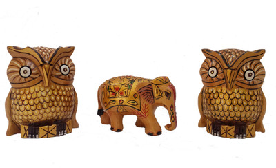 

DivineCrafts Decorative Elegant Wooden Elephant And Owl Statue (Set Of 3) Decorative Showpiece - 8 cm(Wooden, Multicolor)