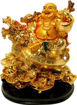 

Vastu Art Vastu, Feng Shui, Laughing Buddha Sitting On Dragon Tortoise For Happiness, Wealth & Goodluck Decorative Showpiece - 13 cm(Polyresin, Gold)