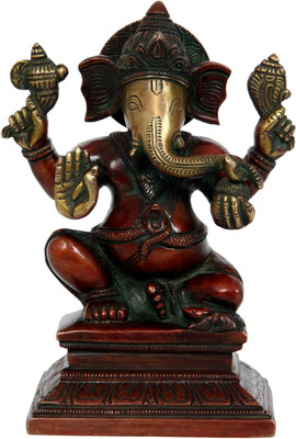 Aesthetic Decors Ganesh Sitting W 4 Hands in Nepali Orange Decorative Showpiece - 16 cm(Brass, Multicolor)